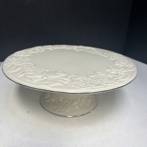 ROYAL LIMITED Ivory Porcelain Pedestal Cake Plate ~ Dimensional Roses